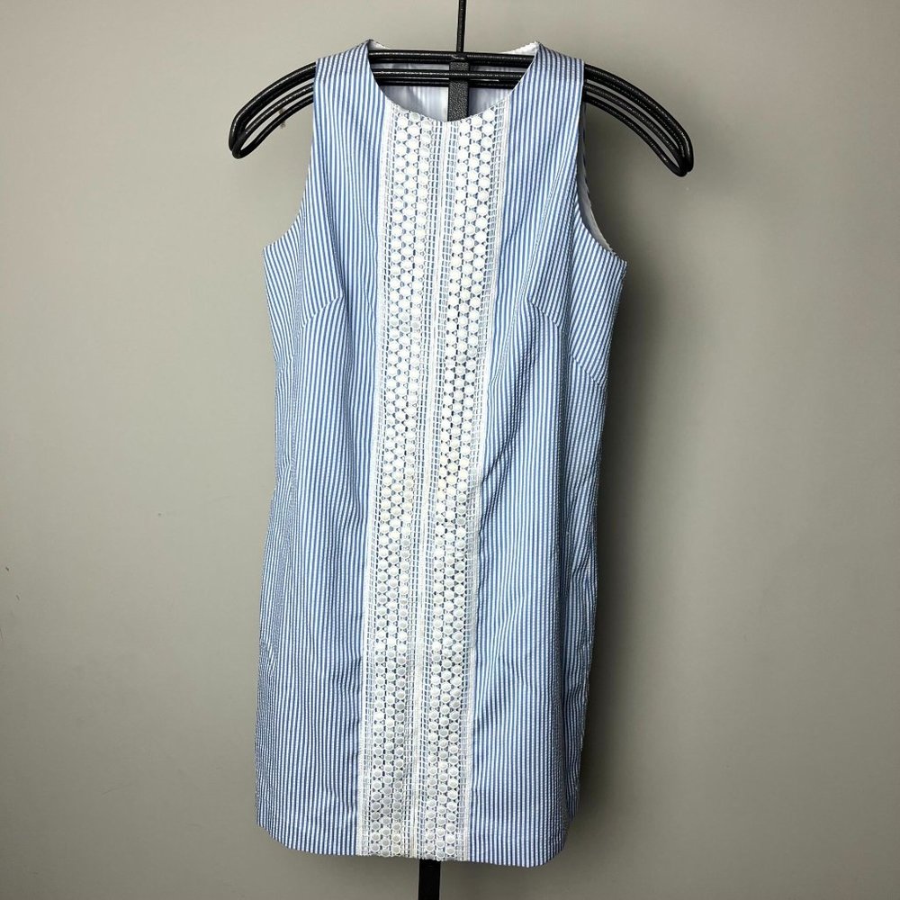 London Times Crochet Lace Panel Seersucker Stripe Shift Dress 8